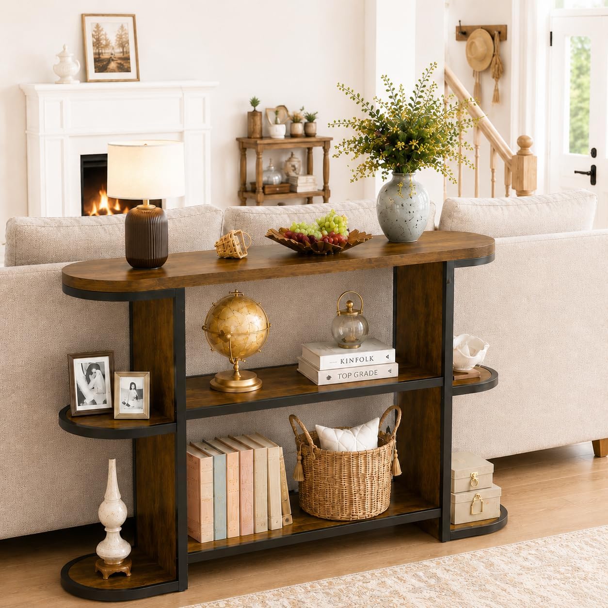 Gewudraw 39” Console Table with Storage, 3 Tier Entryway Table with Round Corners, Industrial Narrow Sofa Table Behind Couch for Living Room, Hallway, Entryway, Rustic Brown