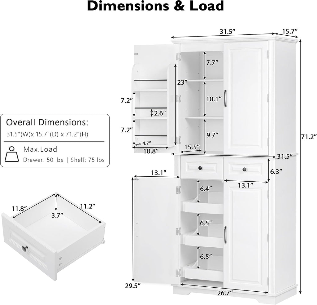Ball & Cast 71" Farmhouse Kitchen Pantry Cabinet with 3 Pull-Out Organizers, Tall Storage Cabinet with 4 Doors, 2 Drawers, 6 Door Shelves & Adjustable Shelves, Freestanding Cupboard, White