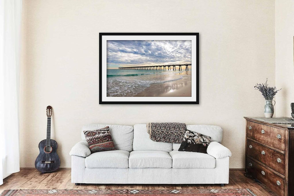 Pensacola Beach Pier Framed Print | Florida Gulf Coast Fishing Seascape Coastal Emerald Ocean Landscape Photography Wall Art Decor (20" x 30", 1" Mat)