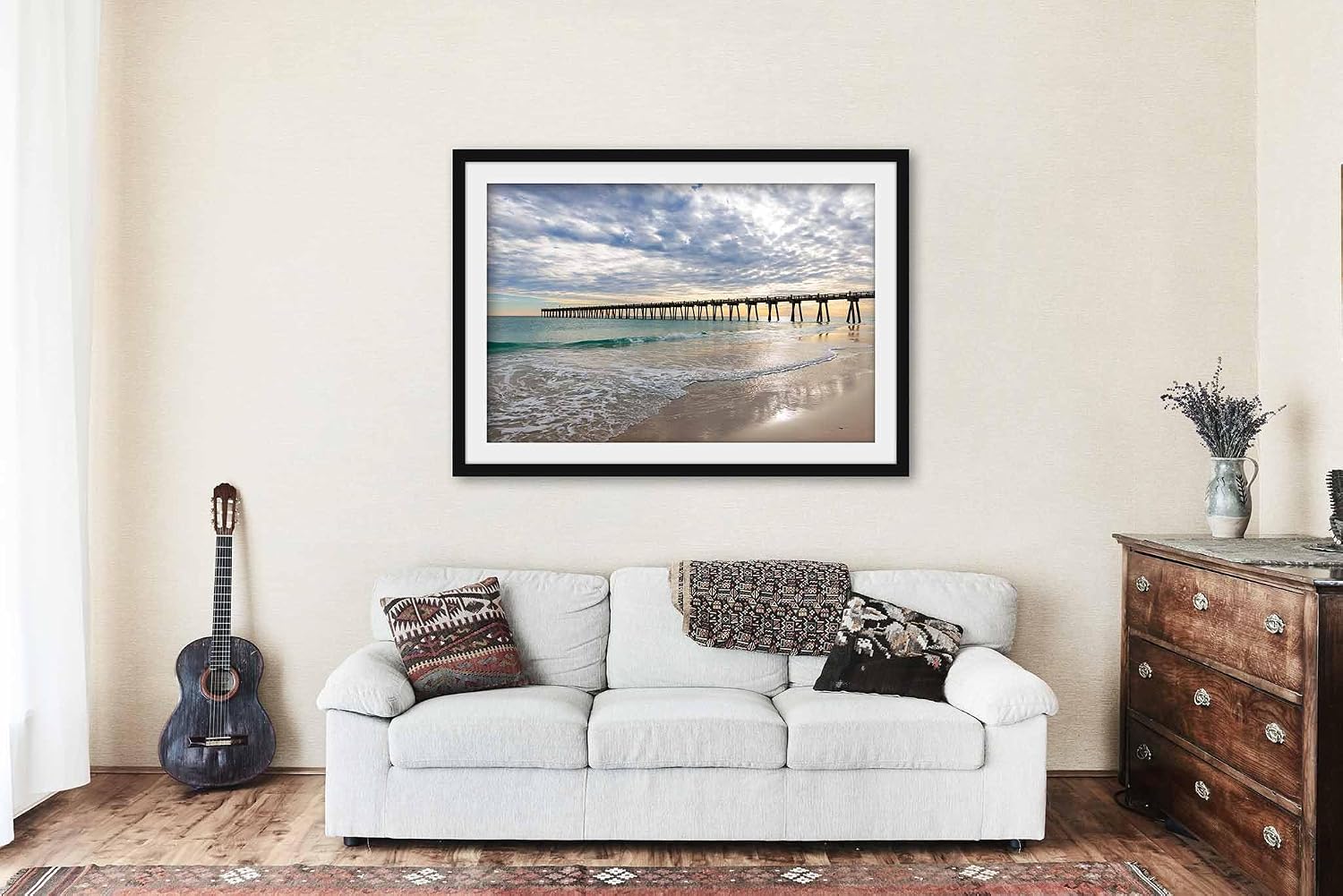 Pensacola Beach Pier Framed Print | Florida Gulf Coast Fishing Seascape Coastal Emerald Ocean Landscape Photography Wall Art Decor (20" x 30", 1" Mat)