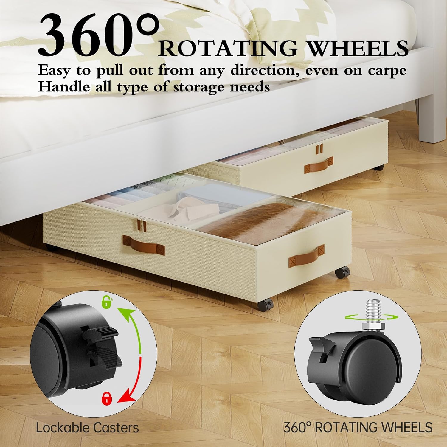 Yecaye Under Bed Storage with Wheels, 4 Pack Under Bed Storage Containers with Adjustable Dividers & Clear Window, Rolling Underbed Organizer Bins Drawers for Clothes, Shoes, Blankets, Beige