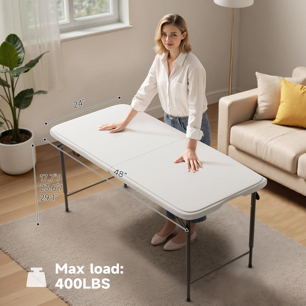 Folding Table 4 Foot - 3-Position Adjustable Height, Heavy Duty 400 lbs Capacity - Portable Tables Folding for Camping, Party, Indoor & Outdoor Use, 1 Pack