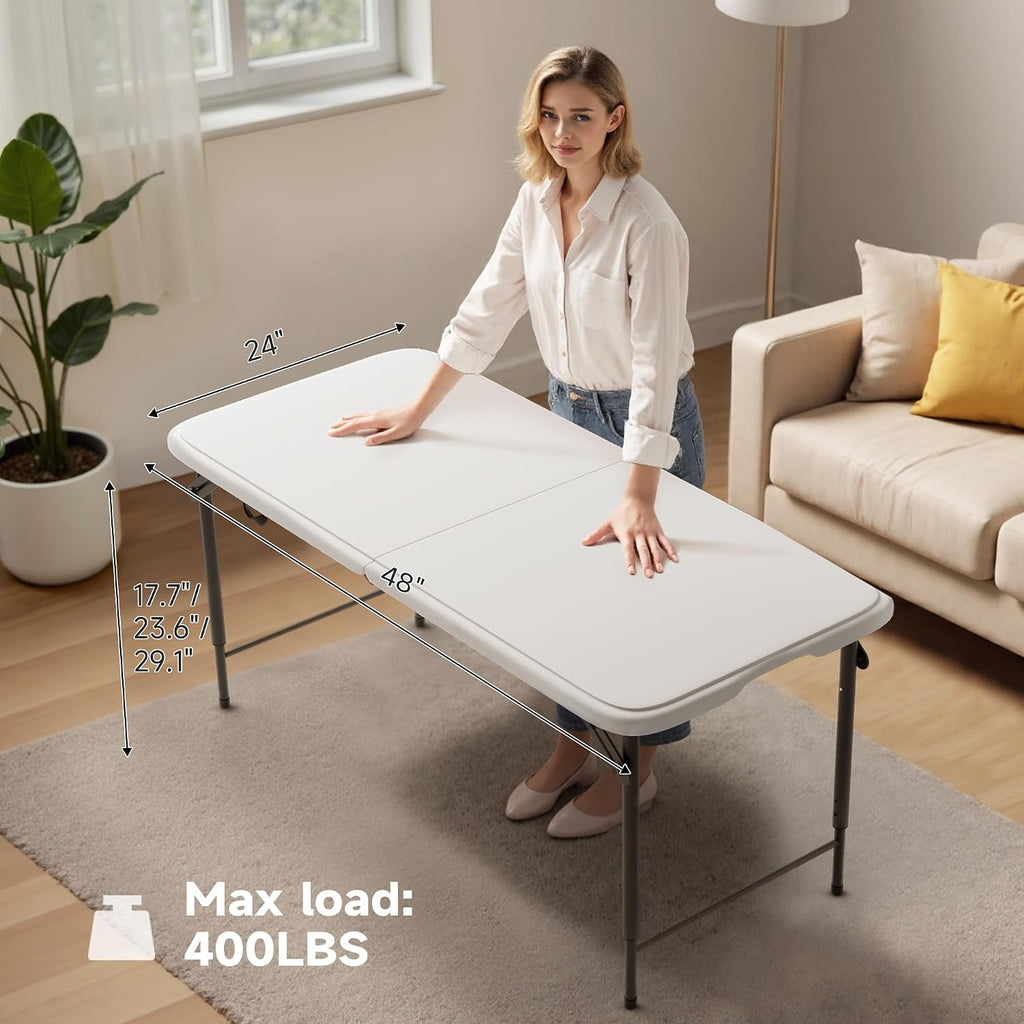 Folding Table 4 Foot - 3-Position Adjustable Height, Heavy Duty 400 lbs Capacity - Portable Tables Folding for Camping, Party, Indoor & Outdoor Use, 1 Pack