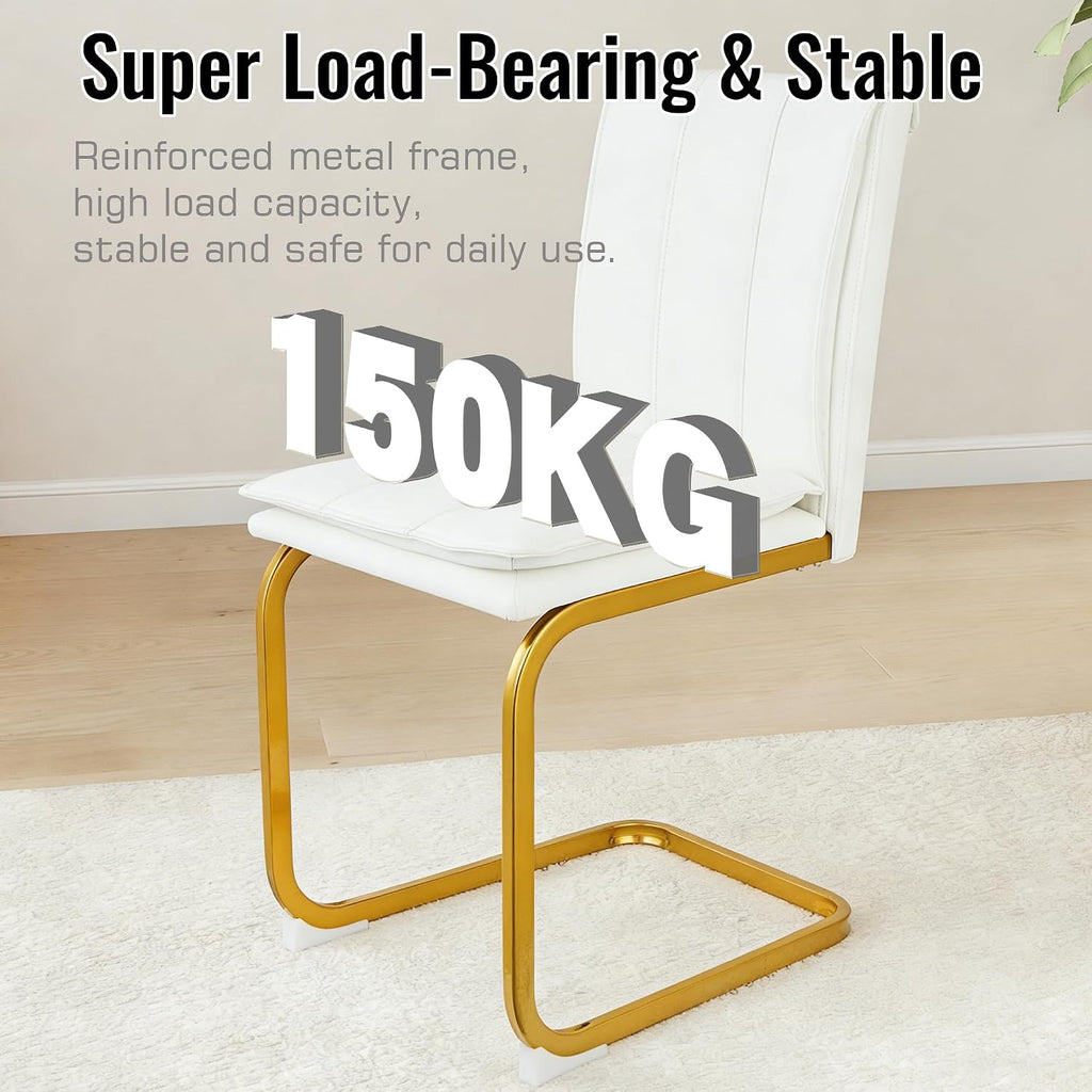 Meihua Dining Chairs Set of 4, PU Leather Modern Chairs with High Back and Metal Frame, Ergonomic Dining Room Chairs for Home, Office and Restaurant, White and Gold