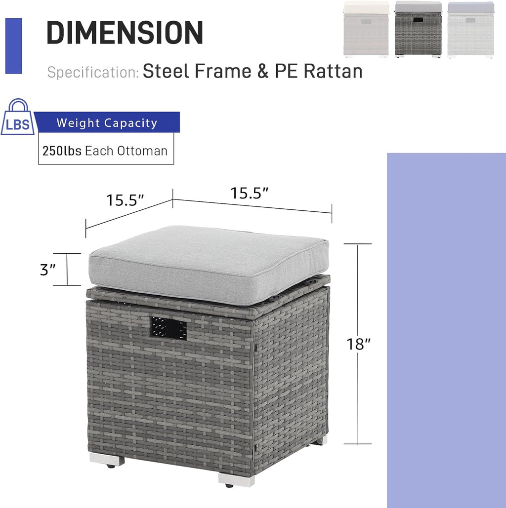 Patiorama 2 Piece Outdoor Patio Ottomans,All-Weather Grey PE Rattan Wicker Ottoman with Storage,Outdoor Footrest Footstool Seat w/Thick Cushion,Built-in Handle for Backyard Poolside Porch (Light Grey)