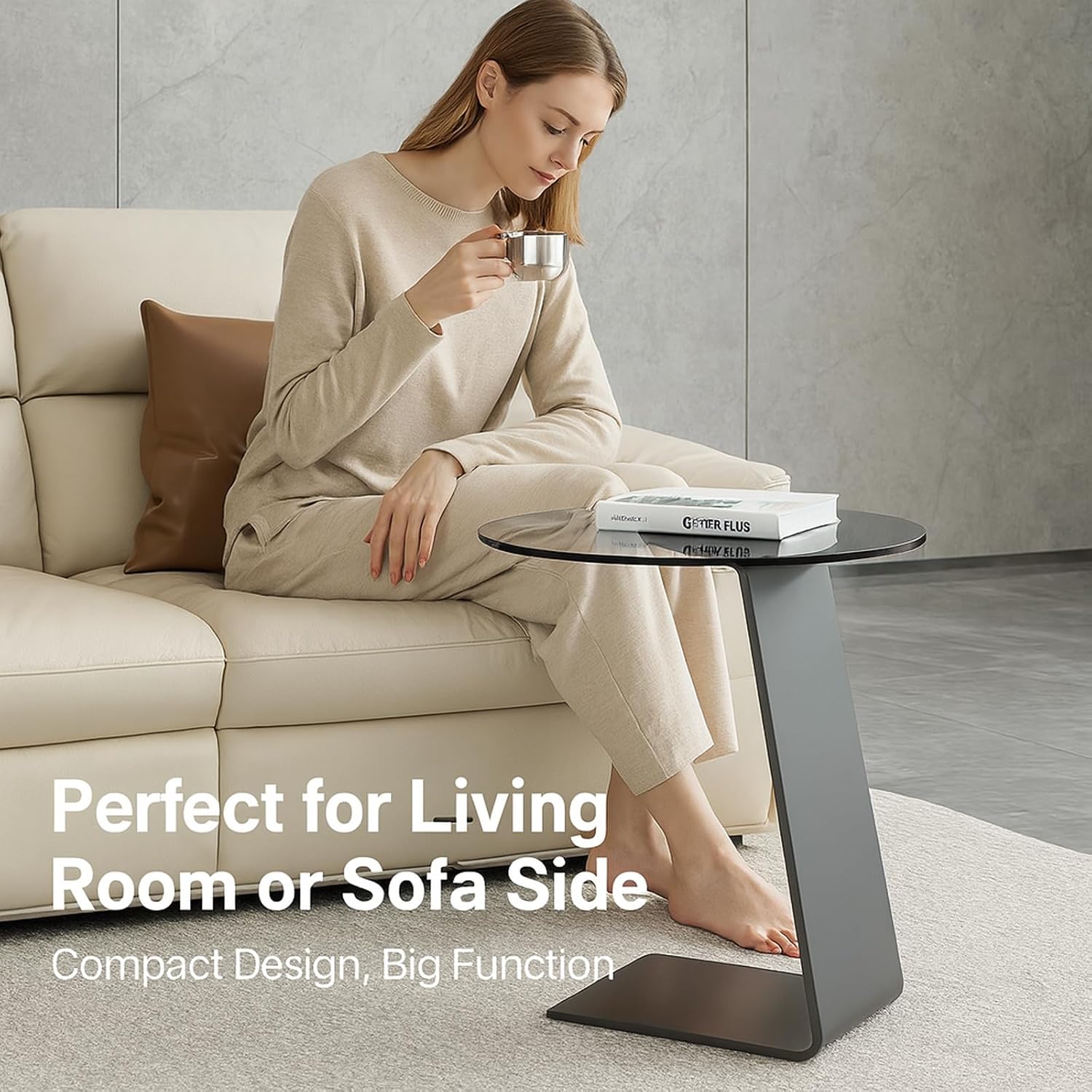 Modern C-Shaped End Table, Tempered Glass Tabletop Couch Side Table, Black Round C Table for Living Room, Bedroom, or Sofa Side – Stylish Accent Table (Grey)