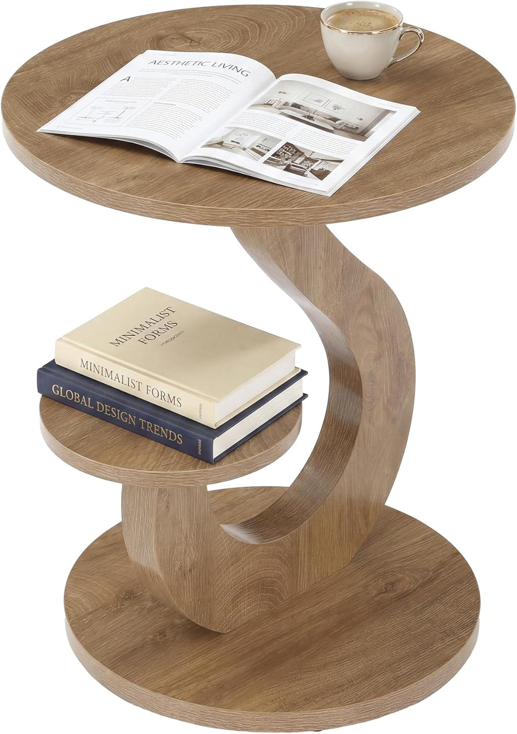 LITTLE TREE 2-Tier Round End Table, Small Side Table for Couch, Living Room, Bedroom, S-Shaped Accent Tables for Small Spaces, Walnut Finish