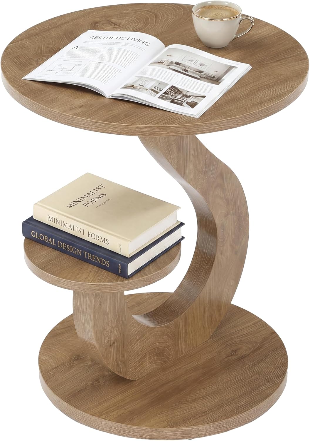 LITTLE TREE 2-Tier Round End Table, Small Side Table for Couch, Living Room, Bedroom, S-Shaped Accent Tables for Small Spaces, Walnut Finish