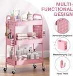 KINGRACK 3 Tier Rolling Cart with DIY Pegboard, Metal Utility Cart with Wheels, Hooks & Baskets, Sturdy Storage Organizer for Craft, Bathroom, Kitchen, Office, Nursery, Classroom(Pink)