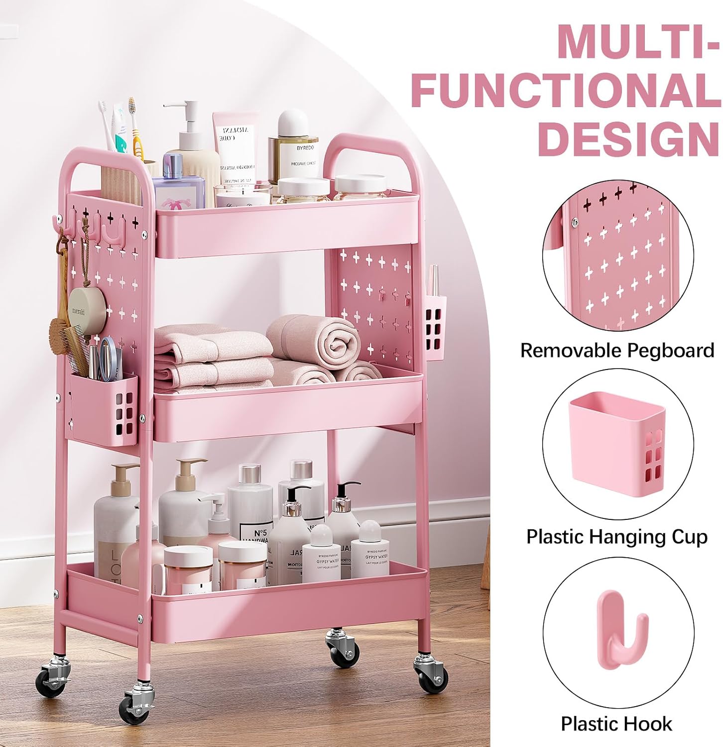 KINGRACK 3 Tier Rolling Cart with DIY Pegboard, Metal Utility Cart with Wheels, Hooks & Baskets, Sturdy Storage Organizer for Craft, Bathroom, Kitchen, Office, Nursery, Classroom(Pink)