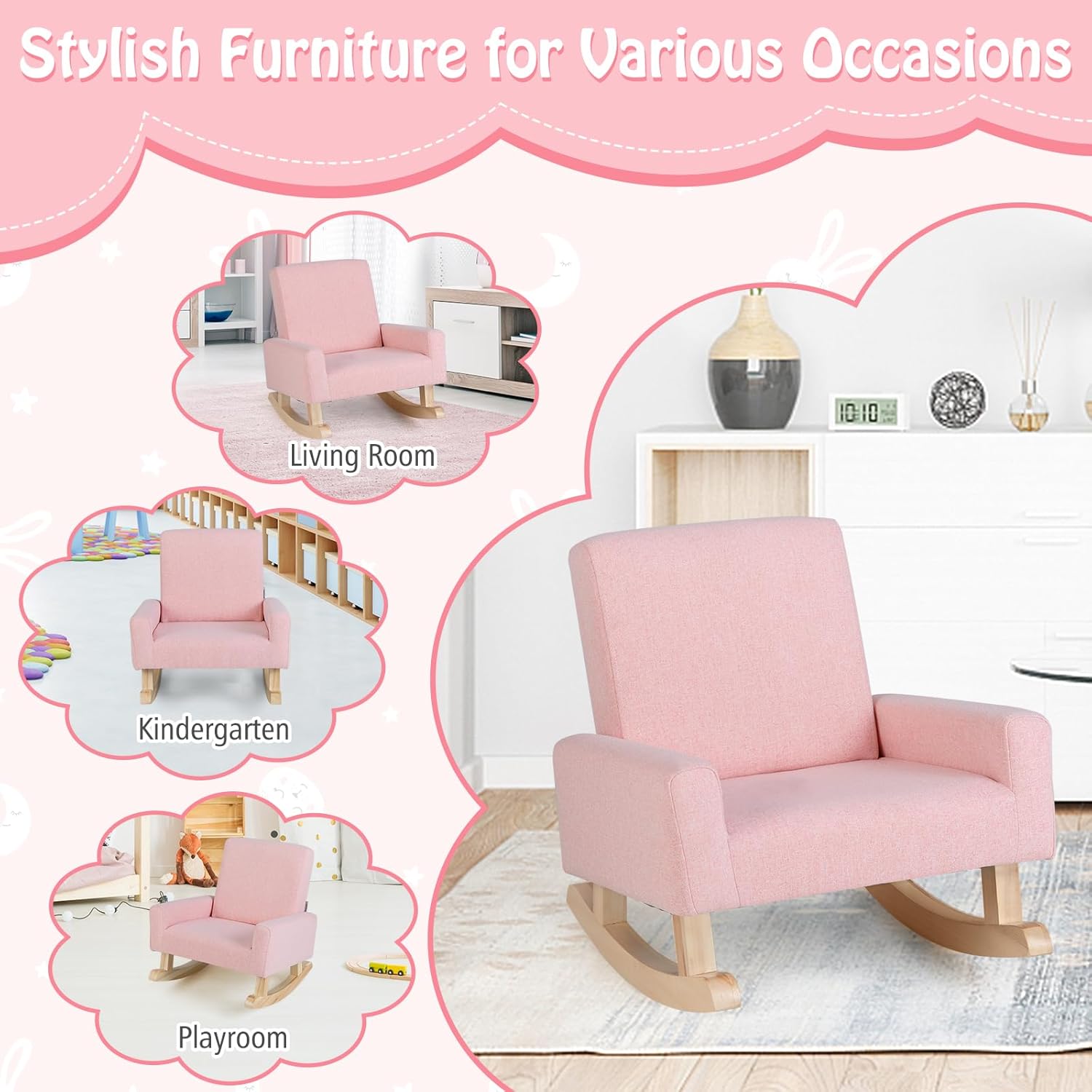 MAT EXPERT Kids Sofa, Upholstered Toddler Rocking Chair w/Solid Wood Base, Linen Fabric & Anti-Tip Device, Comfy Children Furniture, Armchair for Nursery Playroom Preschool, Boys & Girls Gift (Pink)