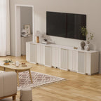 Brafab Buffet Cabinet, 110" Modern Farmhouse Accent Sideboard Cabinet with 8 Doors, Wood Fluted Credenza for Living Room and Kitchen, White