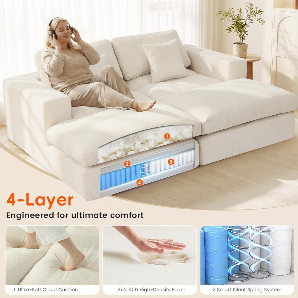 80.7" Oversized Double Chaise Lounge Chair Indoor, Cloud Boneless Sleeper Sofa Bed with 4 Pillows, Extra Deep Seat Cozy Loveseat Couch for Living Room Bedroom, No Assembly Required (Beige)