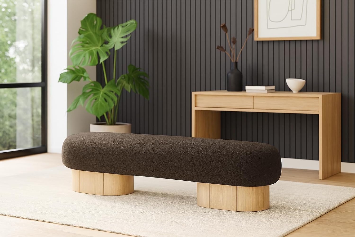 Meridian Furniture 22001Brown Robertson Collection Art Deco Bench with Luxurious Brown Boucle Fabric and Rich Natural Oak Finish, 60.5" W x 18" D x 16" H, Brown