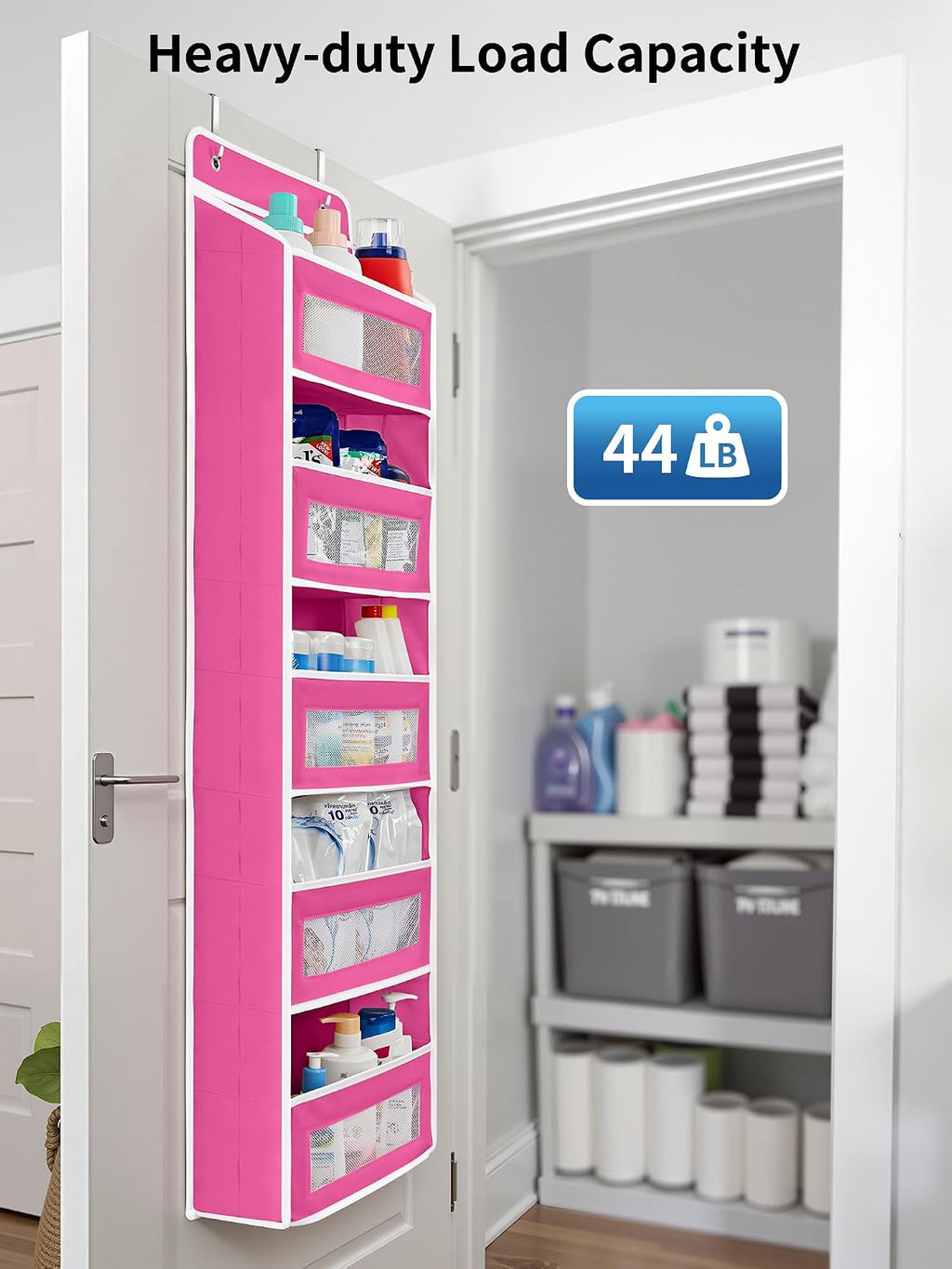 JARLINK Over The Door Organizer Storage, 5 Shelf Hanging Door Organizer with 5 Large Capacity Pockets, Anti Tilt 44 lb Load Behind Door Storage for Bedroom, Bathroom, Pantry, Nursery, Rose Pink