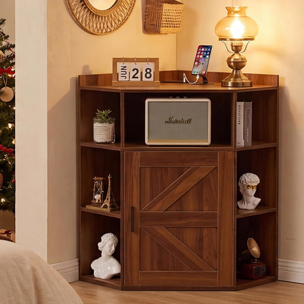 VECELO Corner Storage Cabinet with Charging Station, 34" Shelf with Door & Adjustable Shelves, Organizer for Living Room, Office & Gaming Setup, Fits Monitors up to 43" TV, Brown