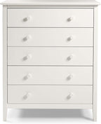 Alaterre Furniture Simplicity Wood 5-Drawer Chest, Kids Bedroom Dresser, Anti-Tip Safety, Metal Glides, Wooden Knobs, Brazilian Pine and Veneers, White