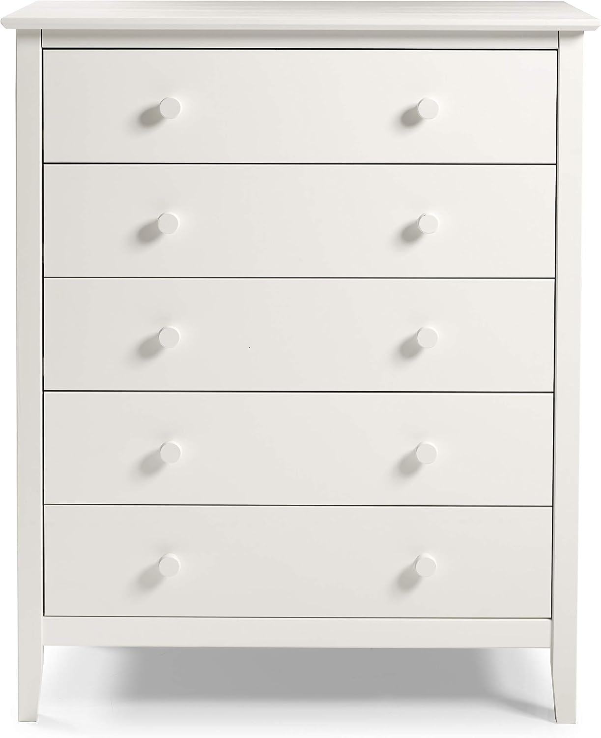 Alaterre Furniture Simplicity Wood 5-Drawer Chest, Kids Bedroom Dresser, Anti-Tip Safety, Metal Glides, Wooden Knobs, Brazilian Pine and Veneers, White