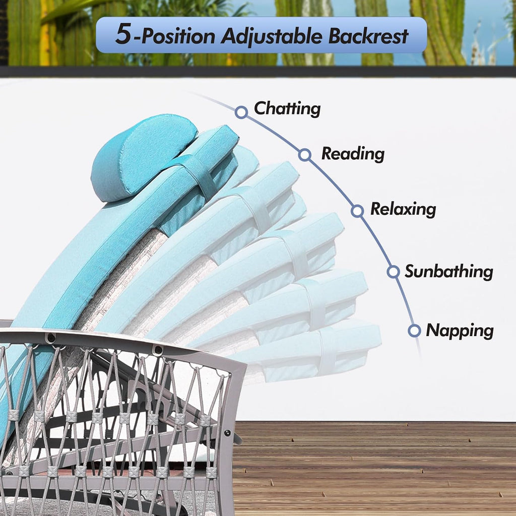 Outdoor Chaise Lounge Set of 2 Outdoor Wicker Rattan Patio Chairs Recliners with 5-Position Backrest & Thickened Cushions & Wheels for Backyard Pool Beach