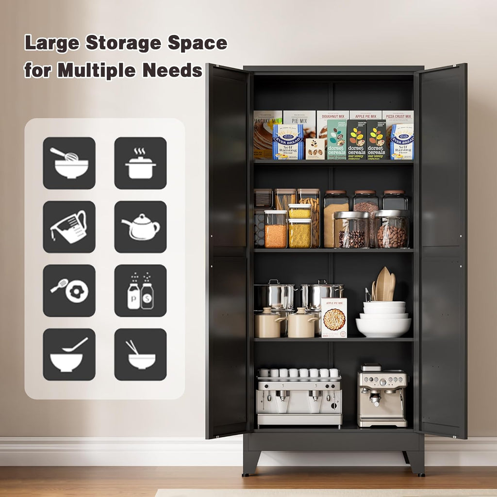 61" Tall Metal Pantry Cabinet, Kitchen Storage Cabinet with 2 Doors and 3 Adjustable Shelves for Kitchen, Living Room, Dining Room, Bathroom and Home, Office (Black, 1PC)