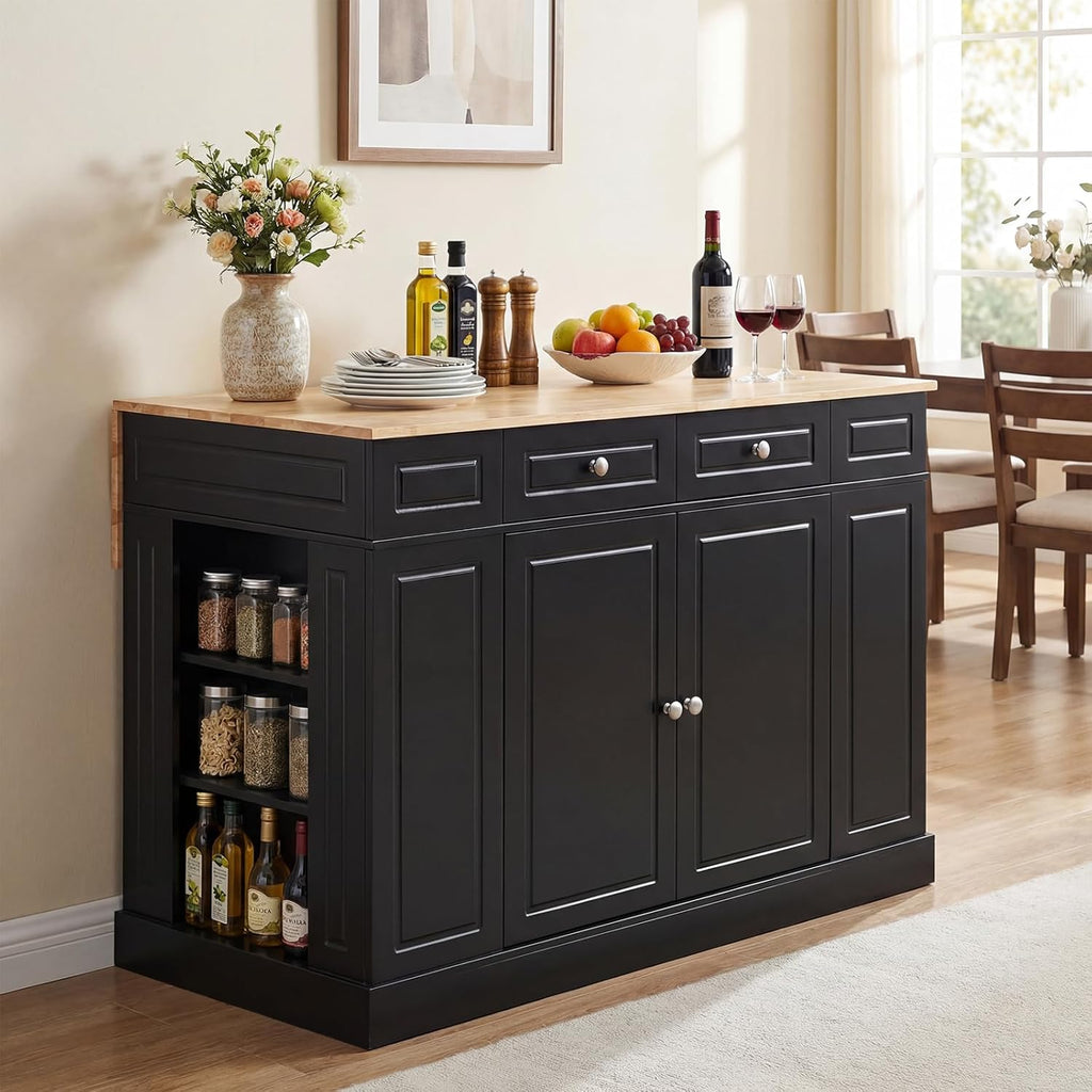LOKO 48" Stationary Kitchen Island with Drop Leaf, Rubber Wood Top Butcher Block Island Table with 2 Drawers, Cabinet & Adjustable Shelf, Multipurpose Kitchen Cart for Dining Room, Living Room & Bar