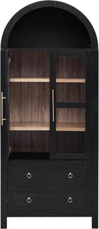 Modern Tall Arched Kitchen Pantry Cabinet with 2 Drawers, Wood Storage Cabinet Cupboard with Adjustable Shelves and Glass Door for Kitchens, Dining Room (Black)