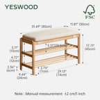 YESWOOD Solid Wood Shoe Bench Assembled, Shoe Rack Bench with Cushion for Entryway, Living Room, Bedroom, Hallway, 31.49“ x 11.81” x 17.71", Nature