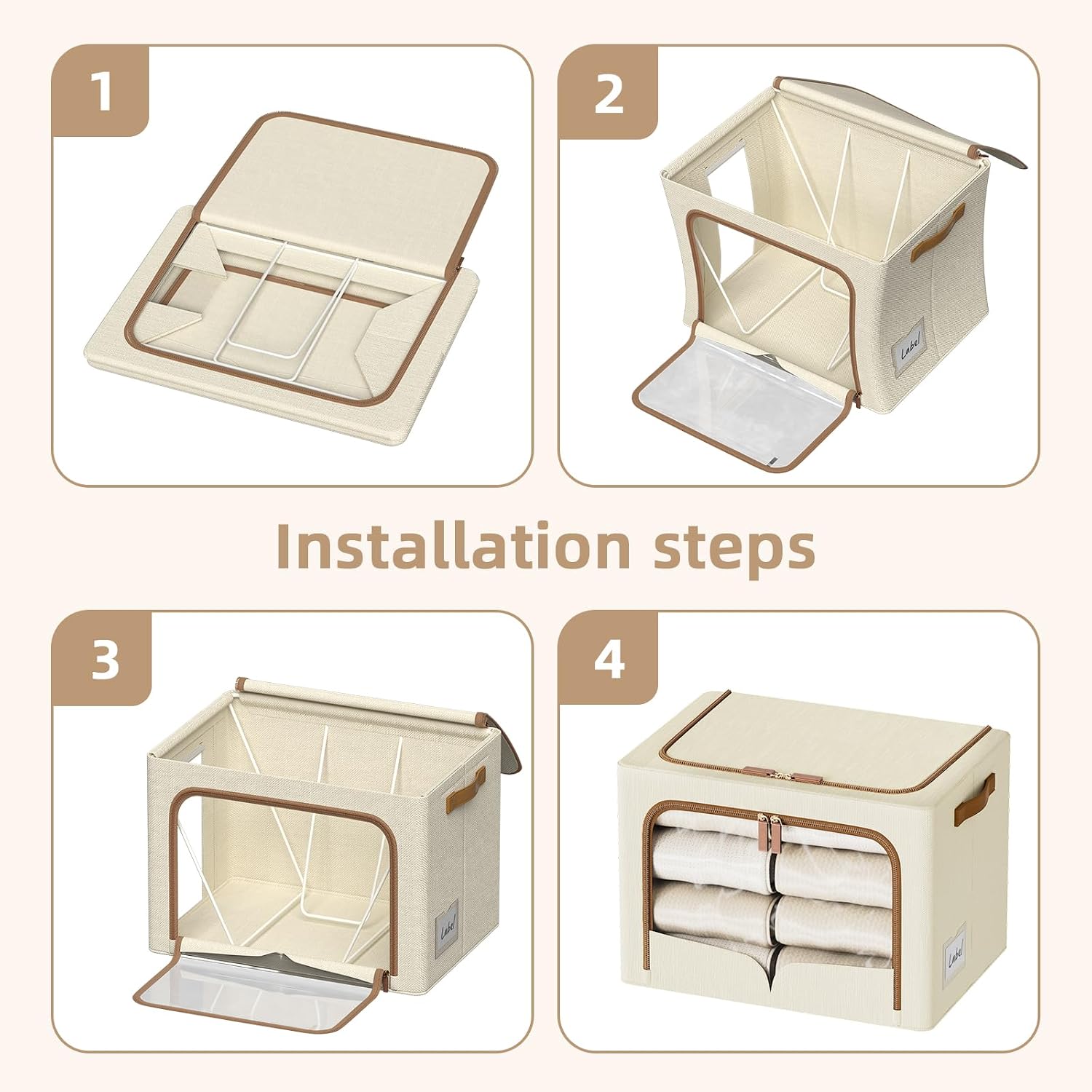 FHSQX 6 Pack Clothes Storage Bins - Foldable Storage Bins for Clothes Fabric Storage Box with Metal Frame (Beige, 16.5x12.2x12.2 inch)