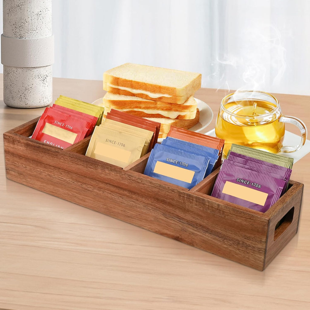 Acacia Wood Tea Bag Organizer with 4 Slots – Tea Bag Holder and Tea Organizer, Sugar Packet Storage for Countertops, Set of two