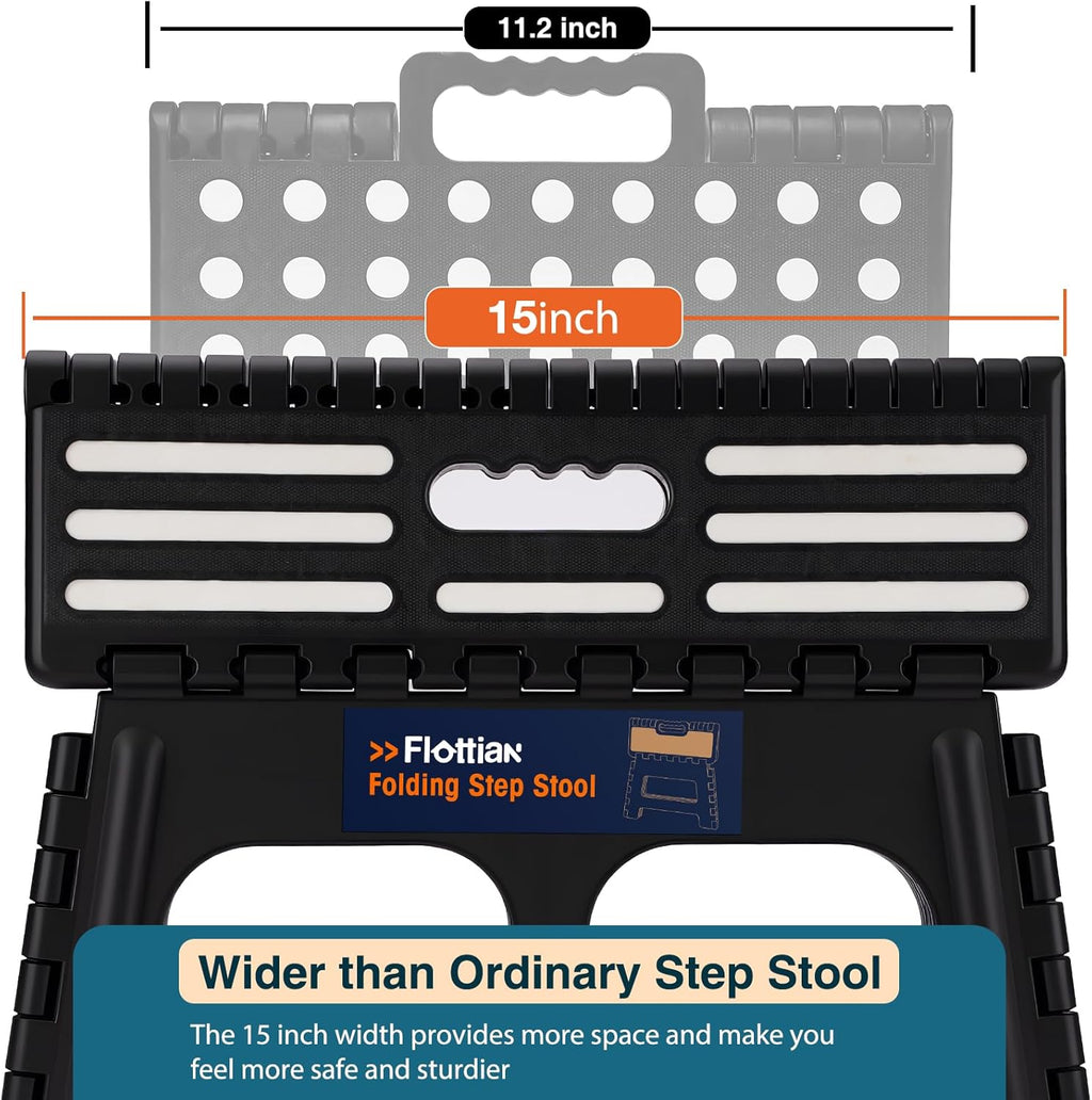 Flottian 9" Folding Step Stool for Adults and Kids 15-Inch Extra Wide Stool Holds Up to 300 lbs,Non-Slip Folding Stools with Handle,Compact Plastic Foldable Step Stool for Bathroom,Kitchen,ect,Black