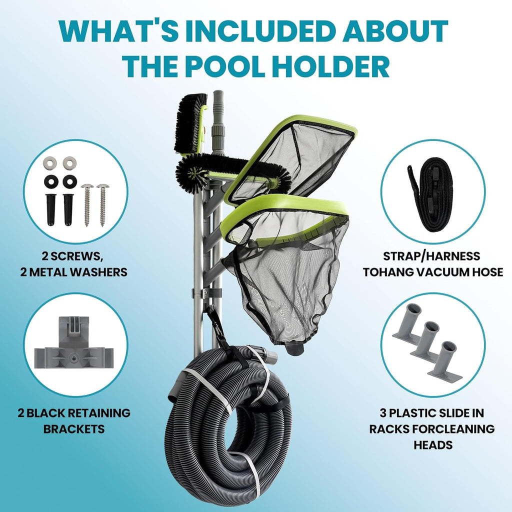Sepetrel Pool Pole Hanger, Hooks for Poles | Wall & Fence Mounted Equipment Storage Rack with Hooks & Strap, Hose Holder for Pool Cleaning Accessories