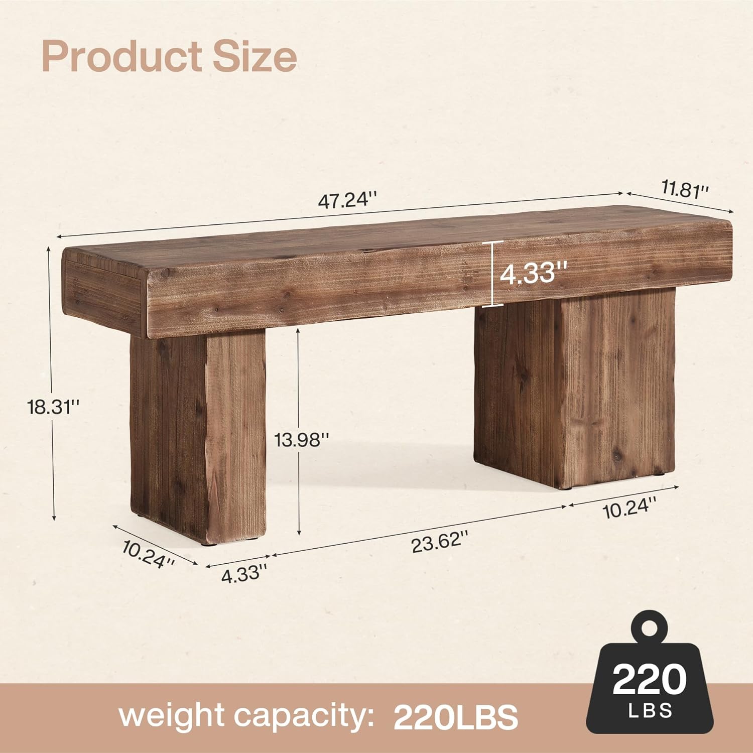 Thickened Solid Wood Bench, 47" Rustic Farmhouse Entryway Bench with Artistic Legs, Heavy Duty Dining Bench for Kitchen, Living Room, Hallway, End of Bed, Natural Wood
