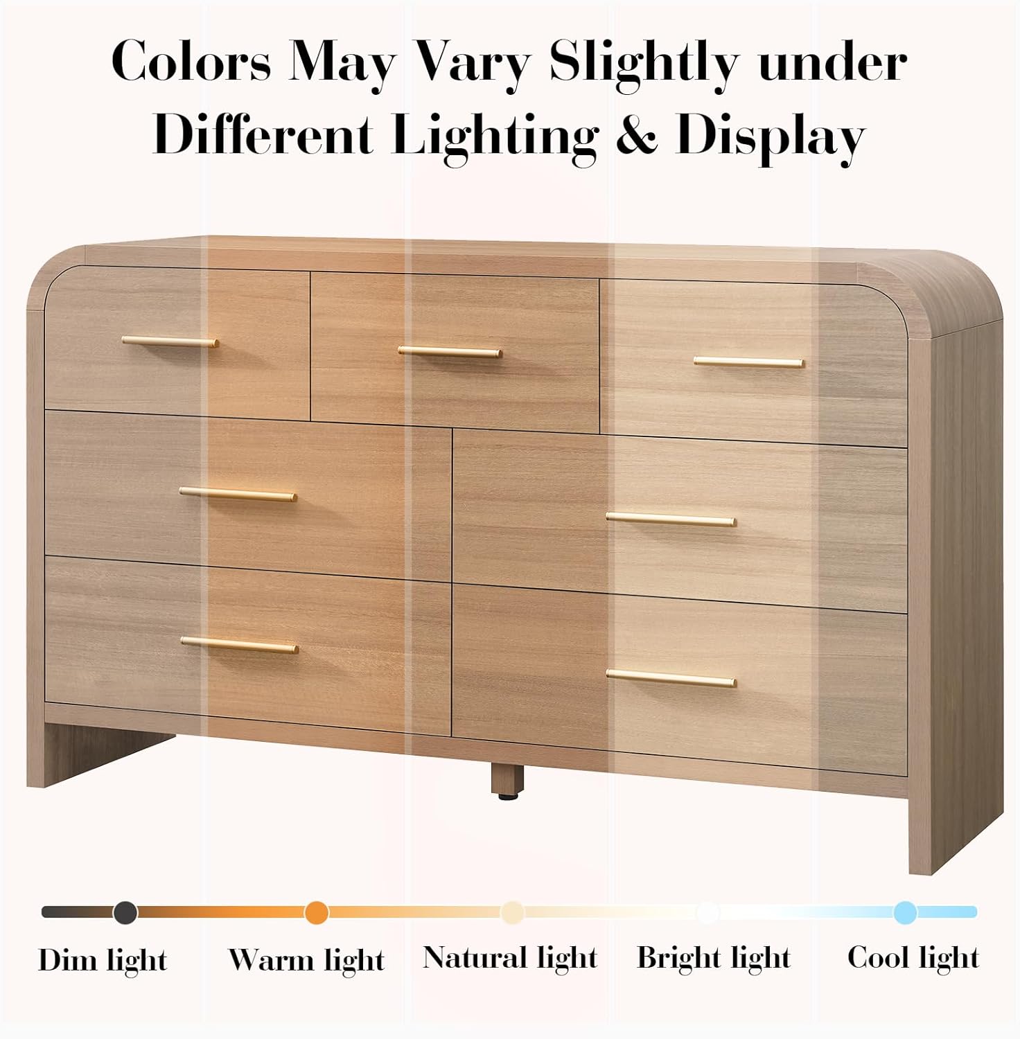 Curved 7 Drawer Dresser for Bedroom, 53.82'' Wide Chest of Drawers, Modern Storage Cabinet for Hallway & Living Room TV Stand, FSC Certified 1.18" Thick Board, 100 lbs Top Weight, Oak
