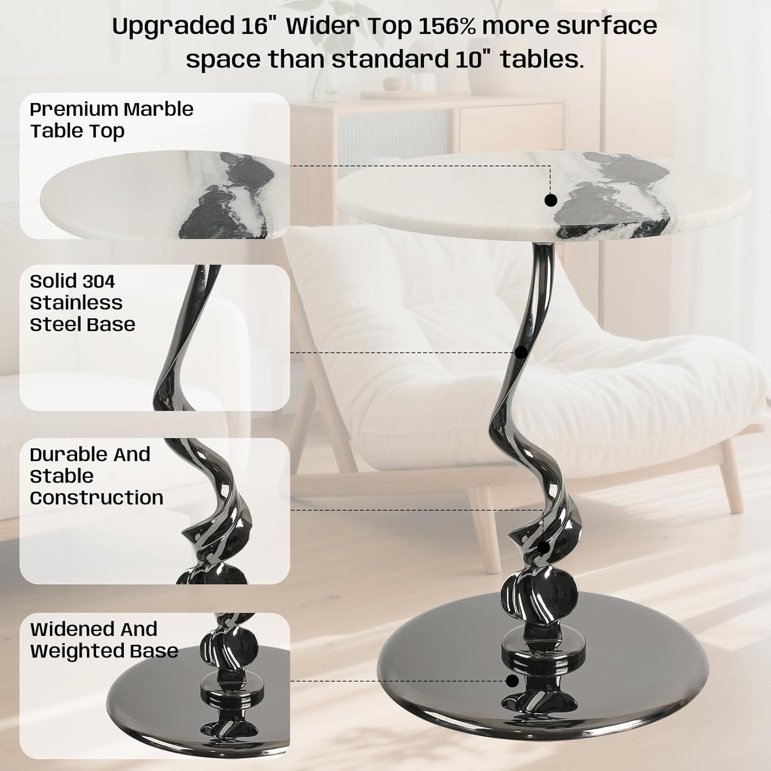 Round Marble Side Table 16 Inch Pedestal End Table for Living Room | natural marble top stainless steel base easy to assemble coffee table plant stand decorative accent