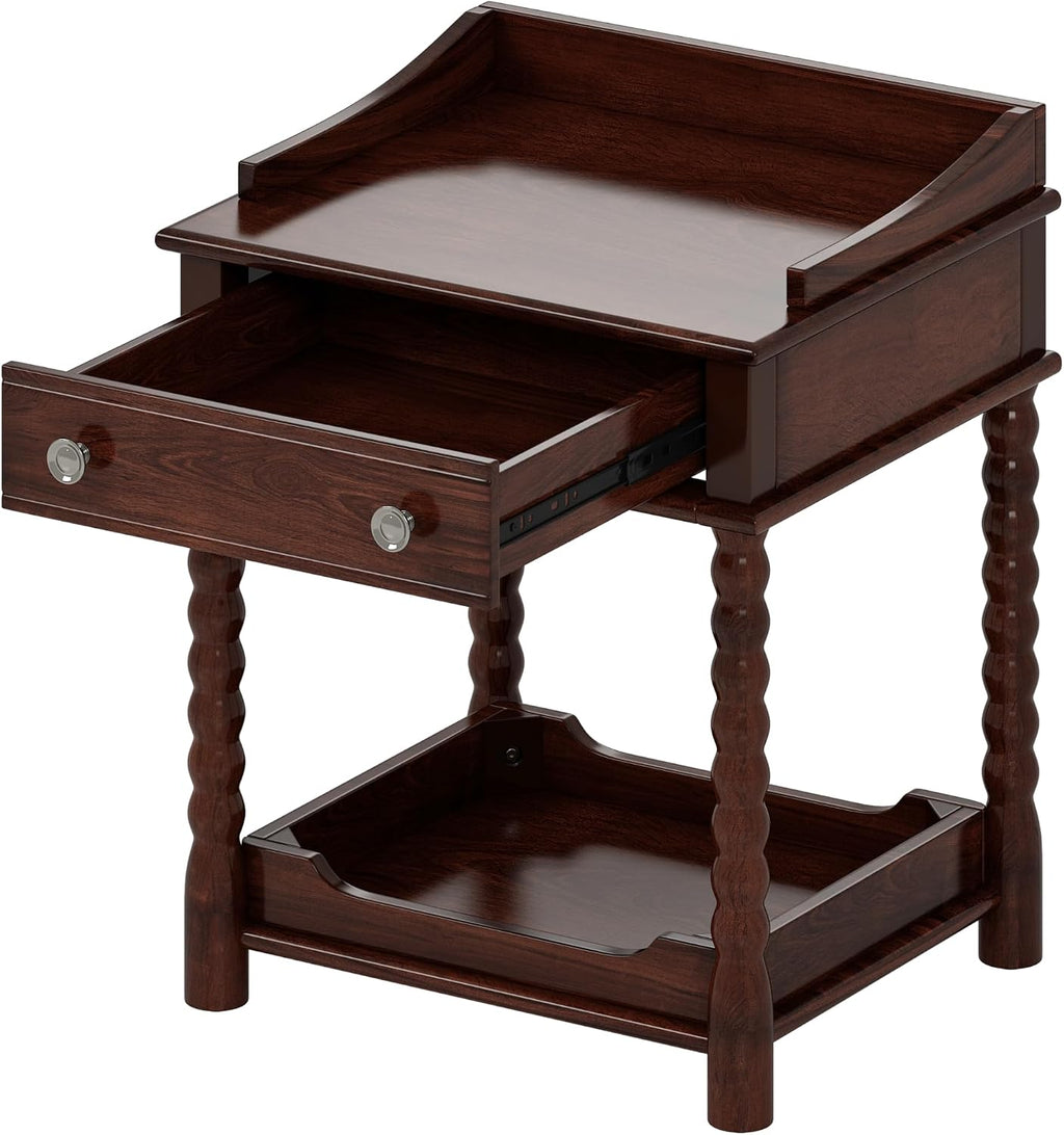 Nightstand with Drawer and Open Shelf for Bedroom,Retro Style Bedside Table with Turned Legs and Metal Handle for Kitchen (Walnut)