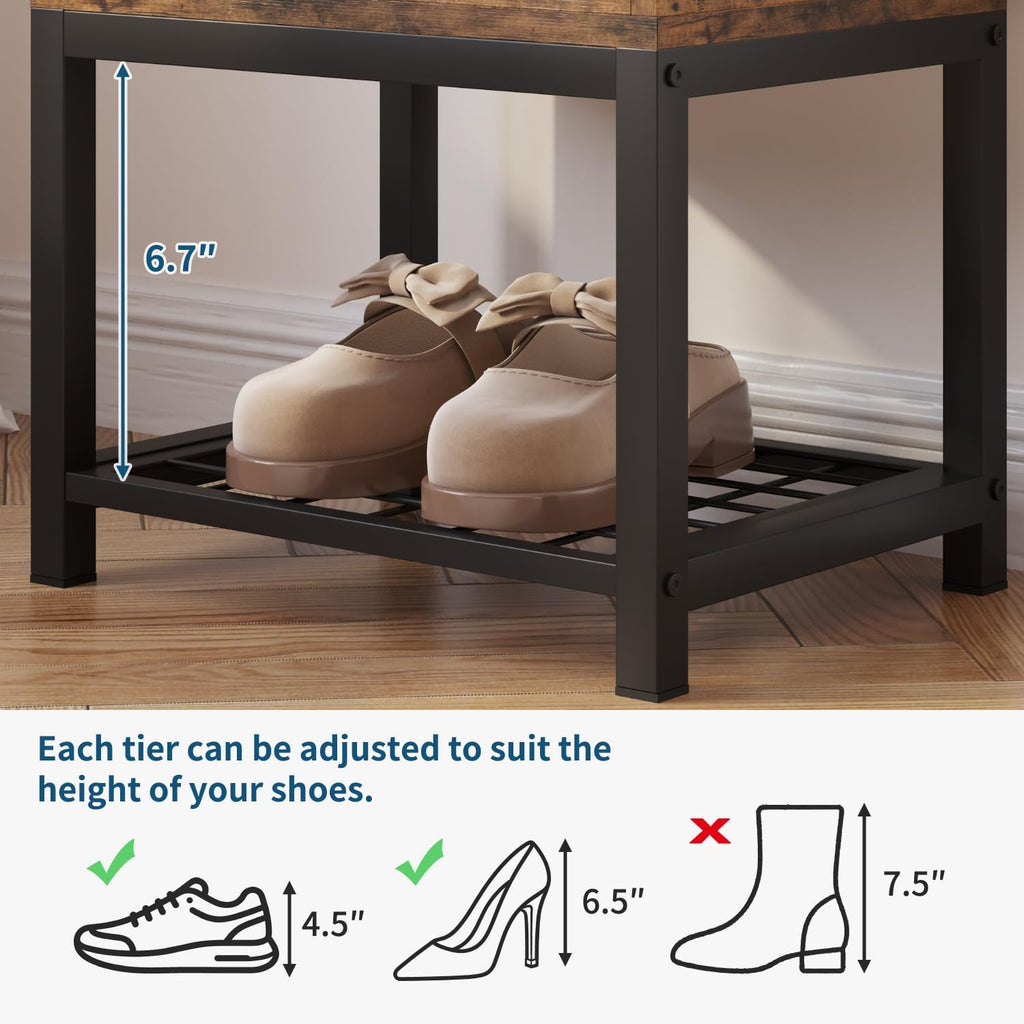 Small Shoe Storage Bench with Padded Seat, Vintage Brown Leather Top & Metal Frame Stool, Small Shoe Rack for Kids, Waterproof Durable Hallway Seat