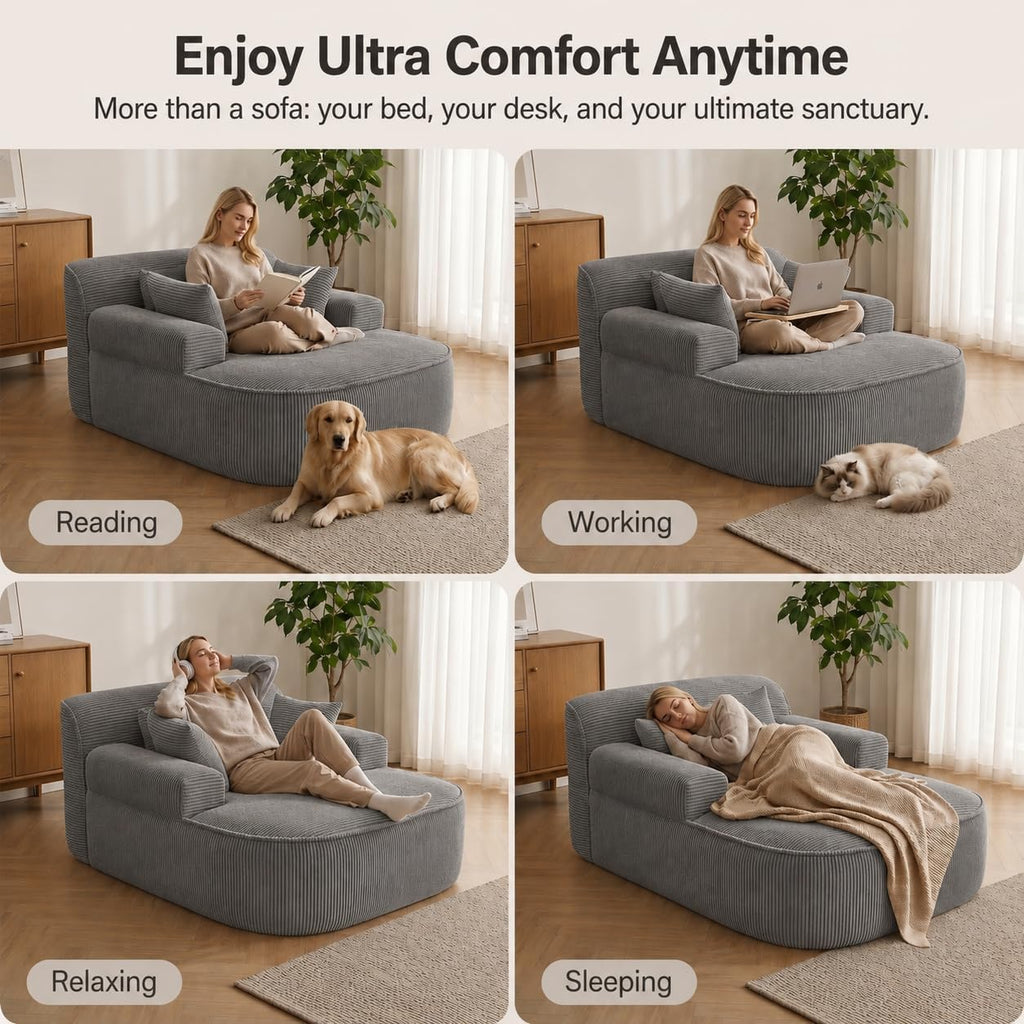 Oversized Chaise Lounge Chair Indoor, Boneless Couch Cloud Chair with 3 Comfy Pillows, Corduroy High-Density Foam Reading Chair, Wide Arms Bed Sleeper Sofa for Living Room Bedroom Relaxing