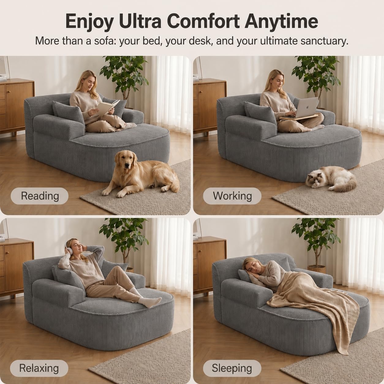 Oversized Chaise Lounge Chair Indoor, Boneless Couch Cloud Chair with 3 Comfy Pillows, Corduroy High-Density Foam Reading Chair, Wide Arms Bed Sleeper Sofa for Living Room Bedroom Relaxing