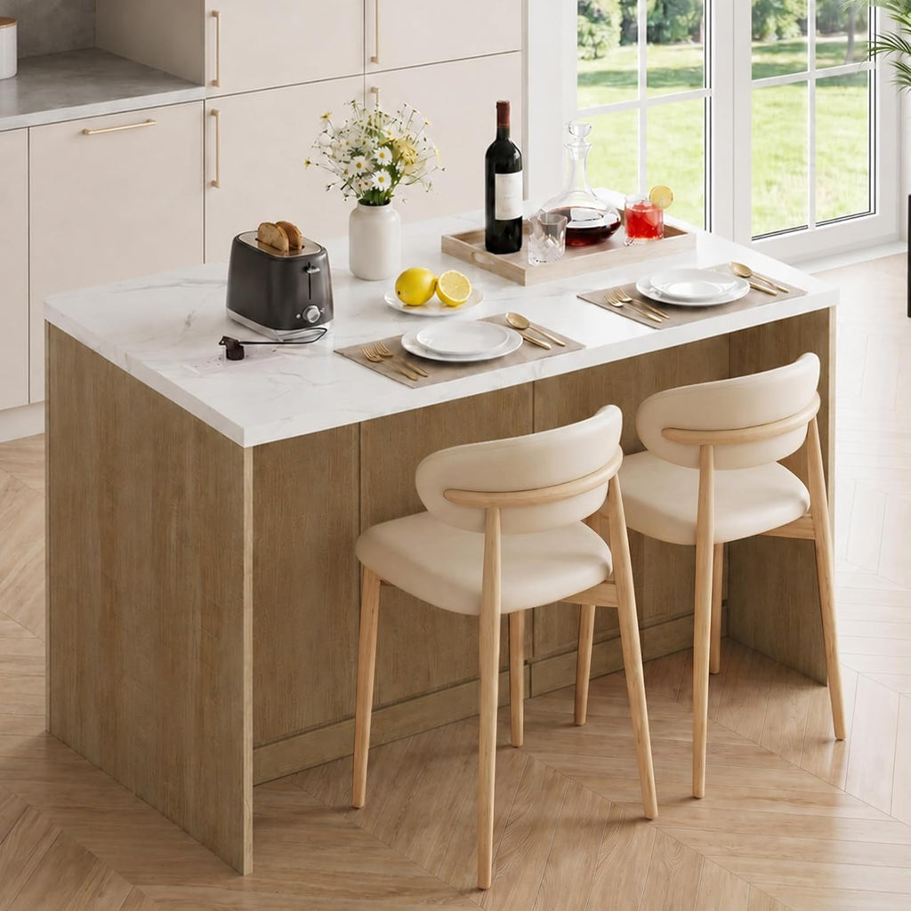 Kitchen Island Cart with Storage, 47.2"x31.5" Kitchen Island Marble Top Adjustable Shelf Rolling Storage Cart with Drawer Coffee Bar Cabinet with Power Outlet - Natural Wood