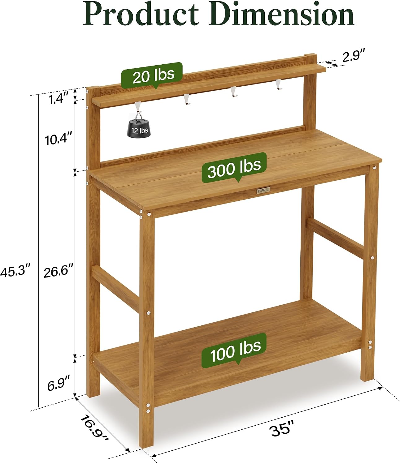 YEFU Outdoor Potting Bench with Storage: 3-Tier HIPS Potting Table with Wide-Panel Shelf/Hooks - All-Weather Heavy Duty Gardening Table for Patio Backyard Porch Easy to Clean 420lbs Capacity (Teak)