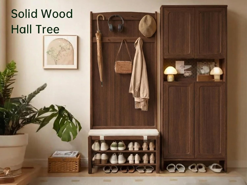Oak Coat Rack, Solid Wood Hall Tree with Shoe Bench, 2-Tier Shoe Rack with 7 Hooks for Entryway, Hallway, 13.8" x 31.5" x 72.8", Walnut