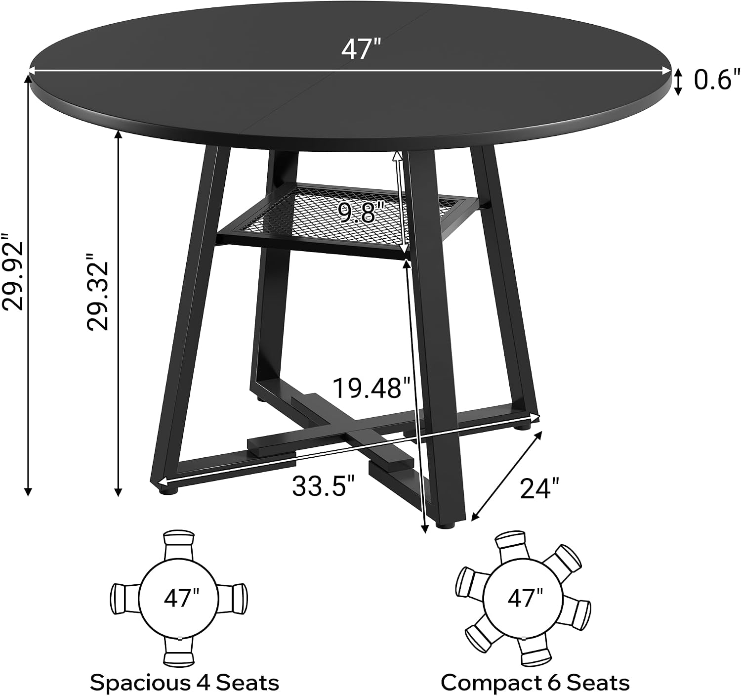 47 Inch Round Dining Table for 4-6 People,Modern Circle Dining Room Table Kitchen Table with Metal Legs for Dining Room,Kitchen,Black (Table Only)