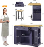 ONBRILL Stationary Kitchen Islands Include 2 Chairs, 47" Kitchen Island with Drop Leaf, Home Bar Table with Spice Rack & with Trash Cabinet, Island Table for Dining Room with Power Outlet, Blue