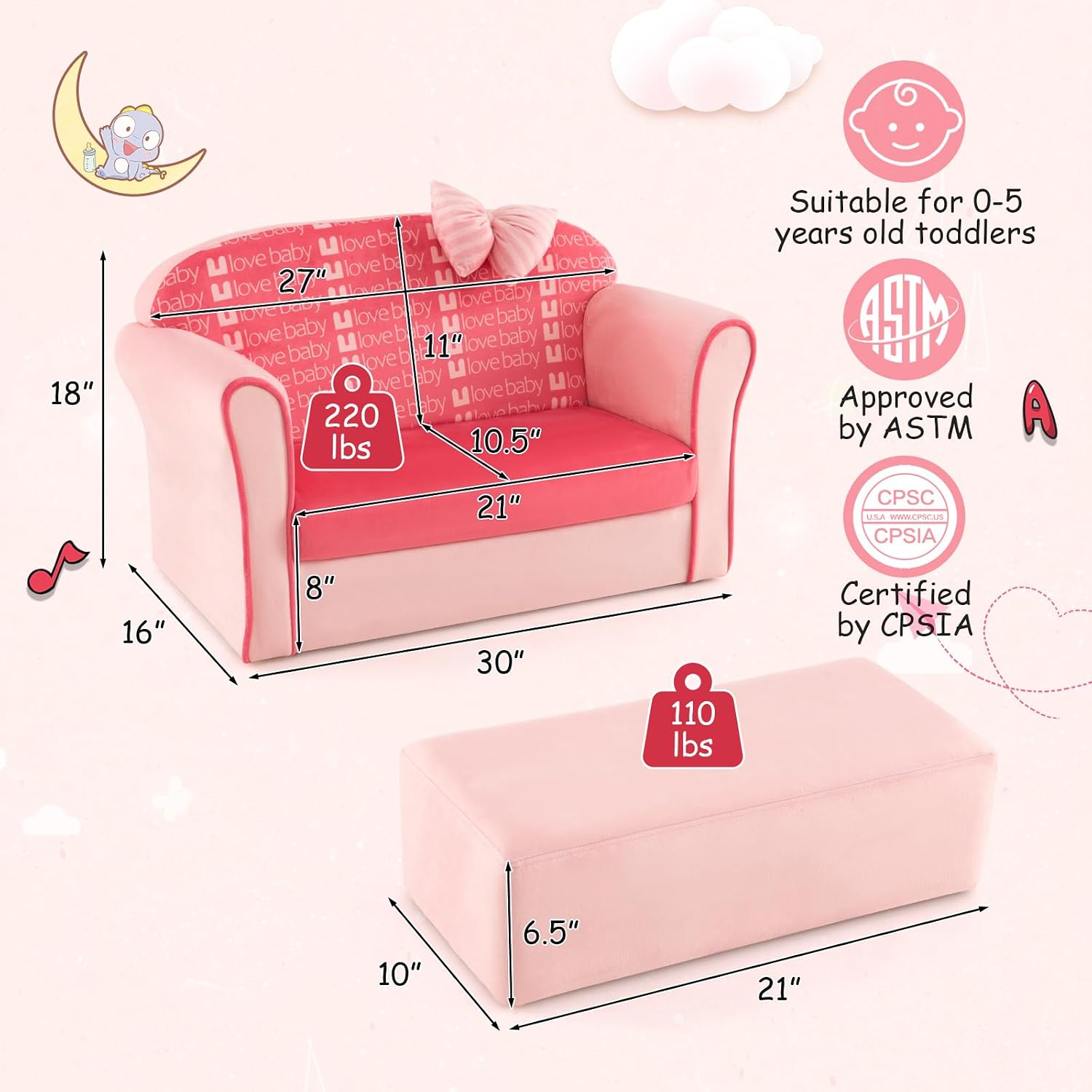 Costzon Kids Pink Couch, Toddler Mini Sofa for Kids Loveseat Aged 1-3, Upholstered Armchair with Velvet Surface & High-Density Sponge, Children's Sofa for Preschool Bedroom Playroom Gift Presents