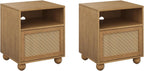 Nathan James Franco Faux Rattan Side Table Nightstand with Storage, Rustic Bedside Table with Solid Wood Legs, Light Brown Set of 2