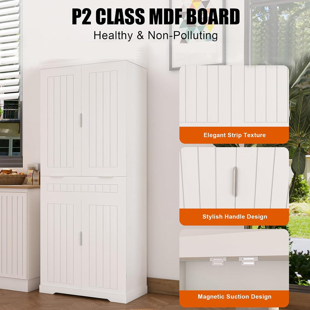 Pantries Cabinet, 71.65" Tall Storage Cabinet with Drawer, 2 Cabinets & 6 Door Shelves, Adjustable Shelves, Freestanding Cupboard for Kitchen, Living Room, Bathroom