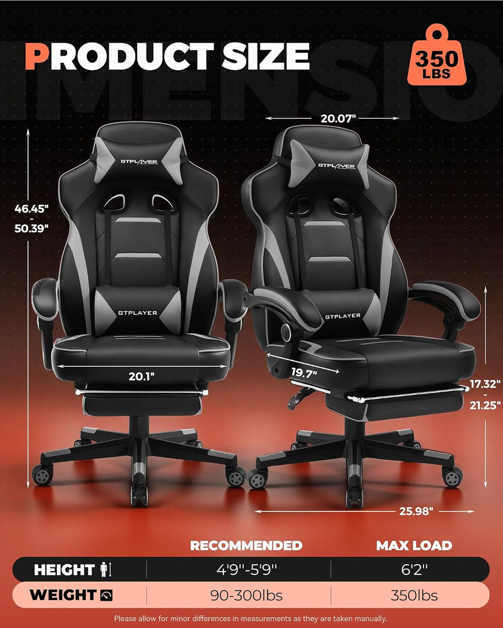 GTPLAYER Gaming Chair with Footrest, Big and Tall Computer Game Chair 350lb Racing Style, Ergonomic High Back Lumbar Support and Recliner, Moon Gray