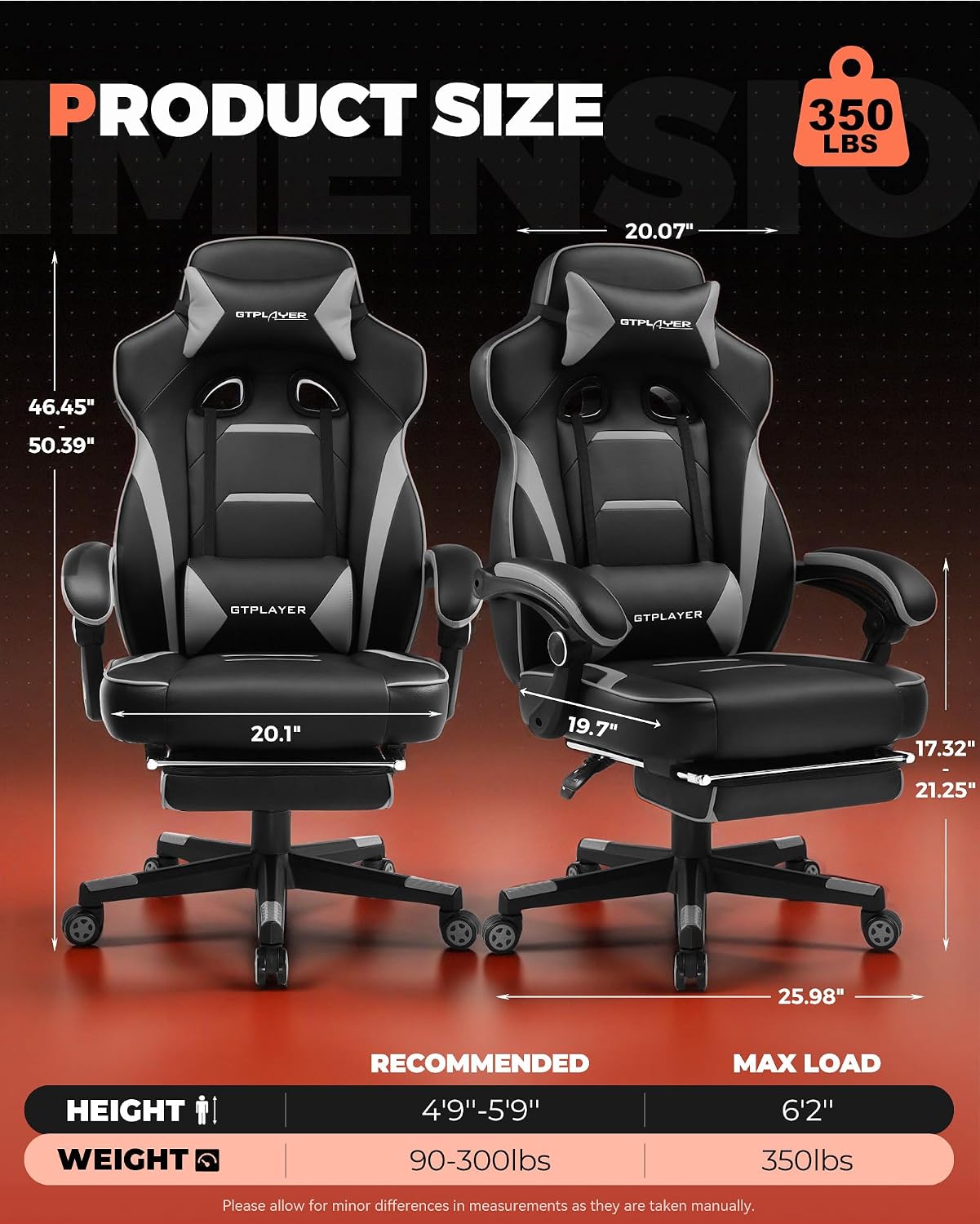 GTPLAYER Gaming Chair with Footrest, Big and Tall Computer Game Chair 350lb Racing Style, Ergonomic High Back Lumbar Support and Recliner, Moon Gray