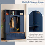 Merax 59" Farmhouse Hall Tree with Golden Hooks & Walnut Bench, Entryway Organizer with Adjustable Shelves, Shoe Storage, Anti-Tip for Mudroom, Living Room, Blue