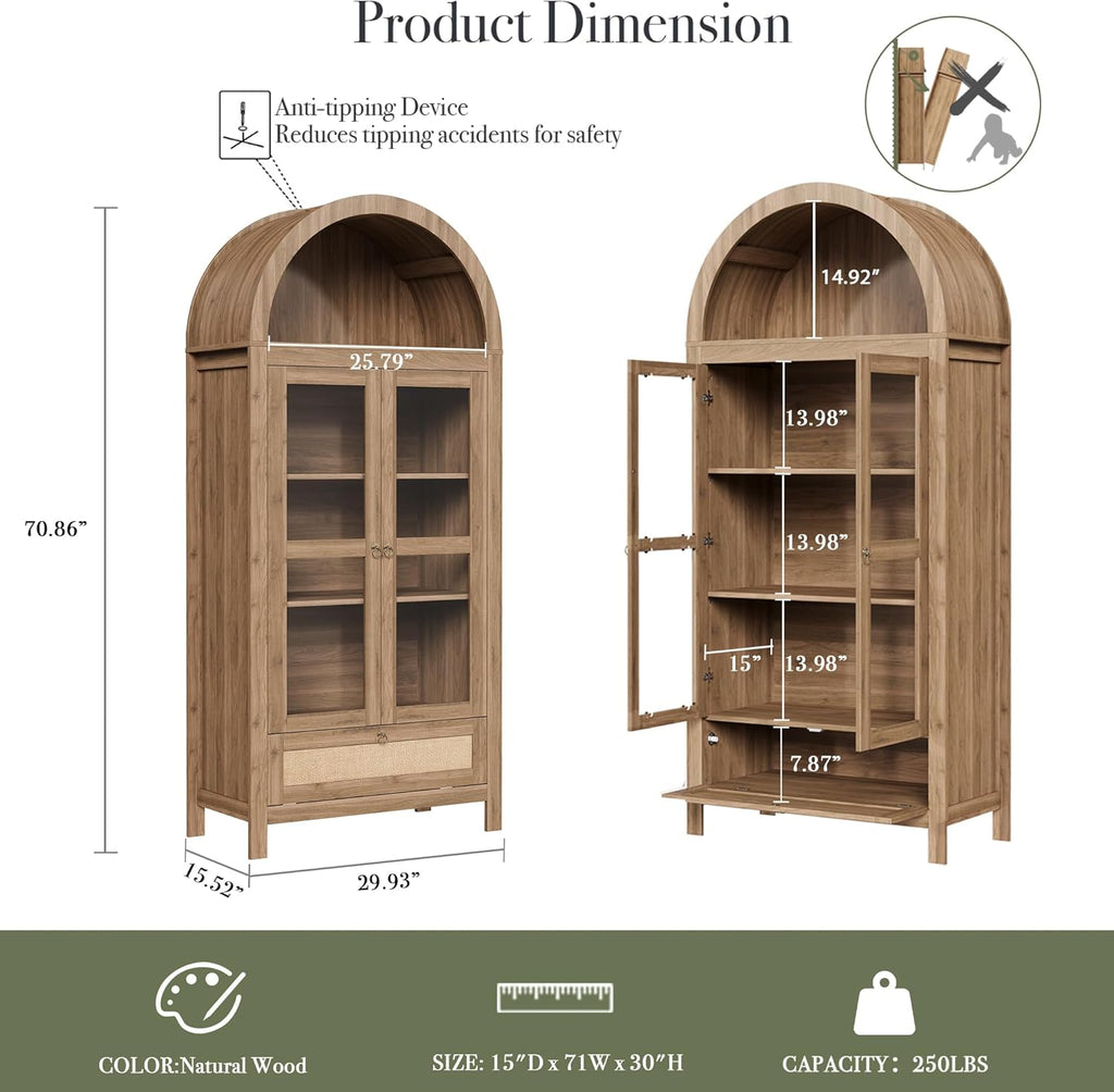 71” Tall Arched Kitchen Pantry Cabinet, Modern Farmhouse Hutch Storage Cabinets with Large Drawer and Glass Doors for Kitchen, Dining Room, Living Room, Natural